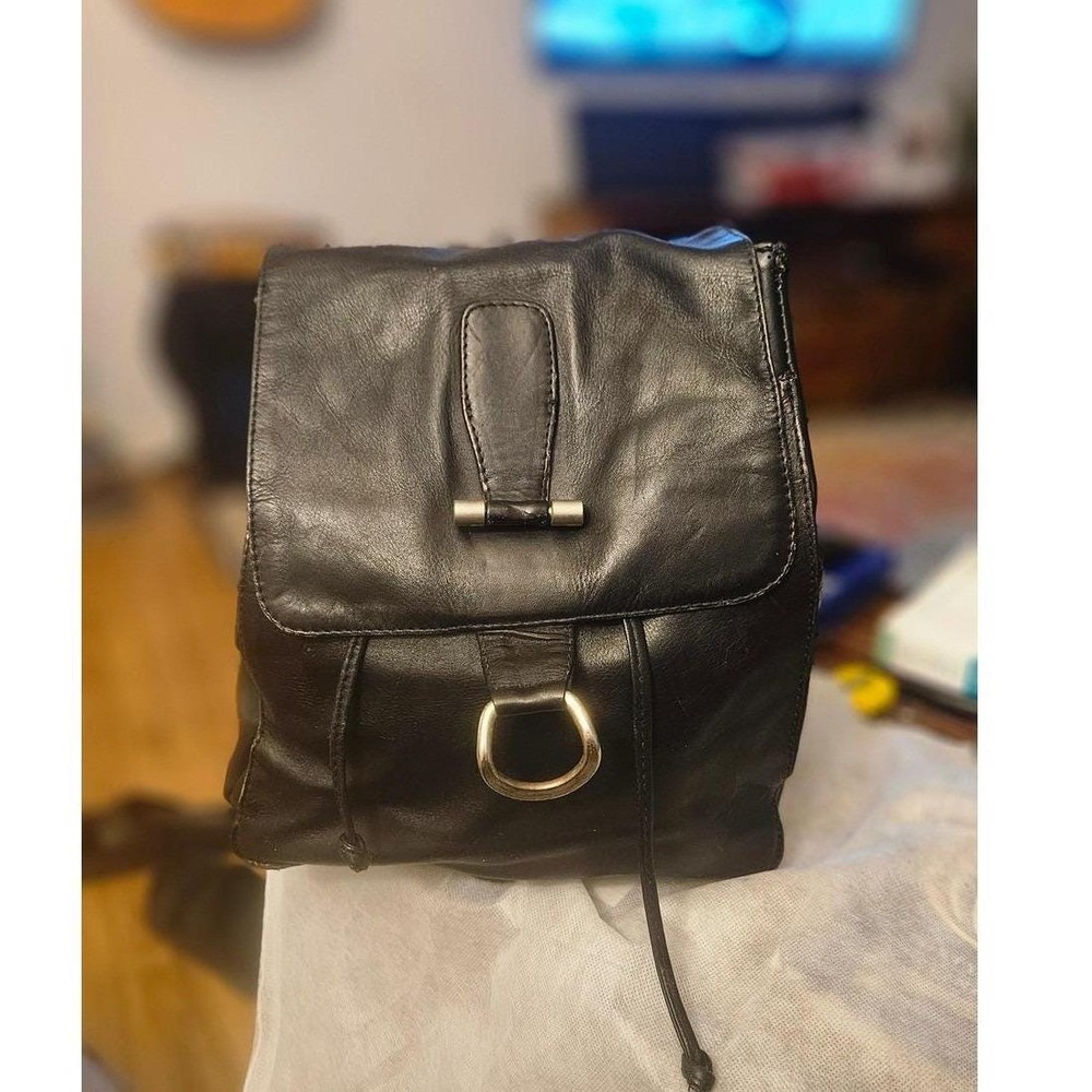 Kenneth Cole Black Genuine Leather Drawstring Flap Backpack Adjustable Straps